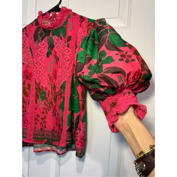 Farm Rio Floral Yard Blush Volumious Puff Half Sleeves High Collar Blouse XS - Picture 14 of 15